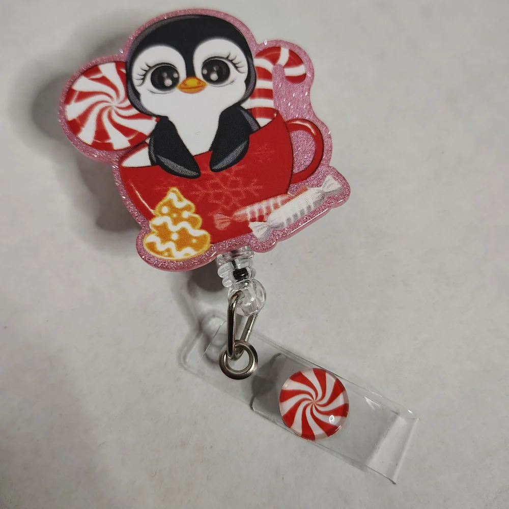 Penguin Candy Cane Peppermint Christmas Retractable Badge Reel Work Id Holder